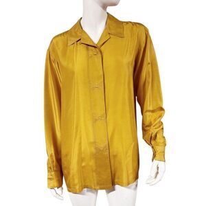 Vintage Mustard Silk Button Front Shirt Bow Details Daniel Caron Size S Small
